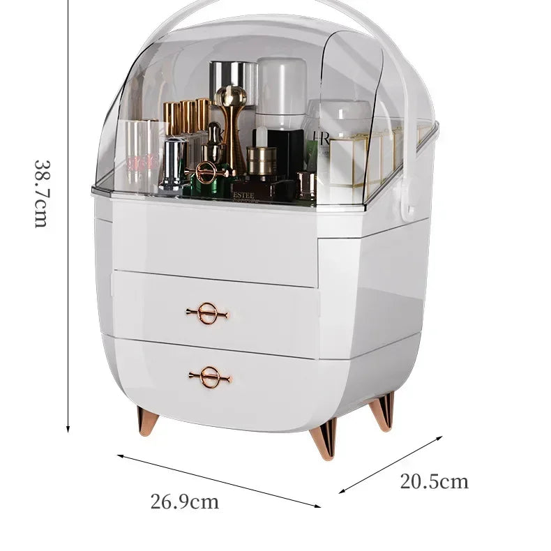 Eco-Friendly Makeup Organizer filled with cosmetics, featuring large drawers and dustproof cover.
