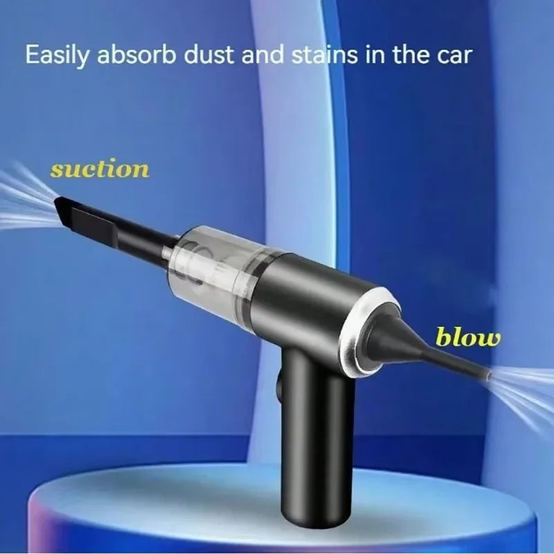 Handheld vacuum cleaner with suction and blow functions on a blue background