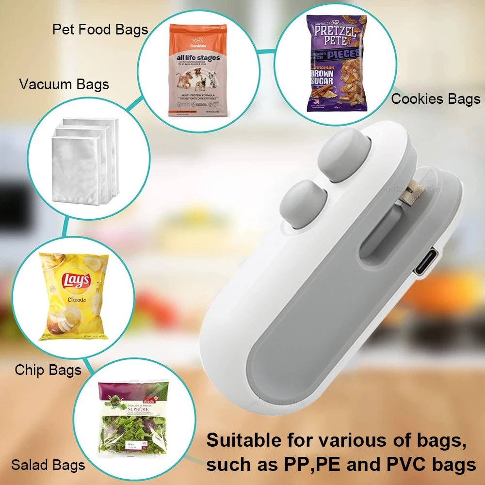 Freshleen Mini Bag Sealer sealing a chip bag, compact and portable design.
