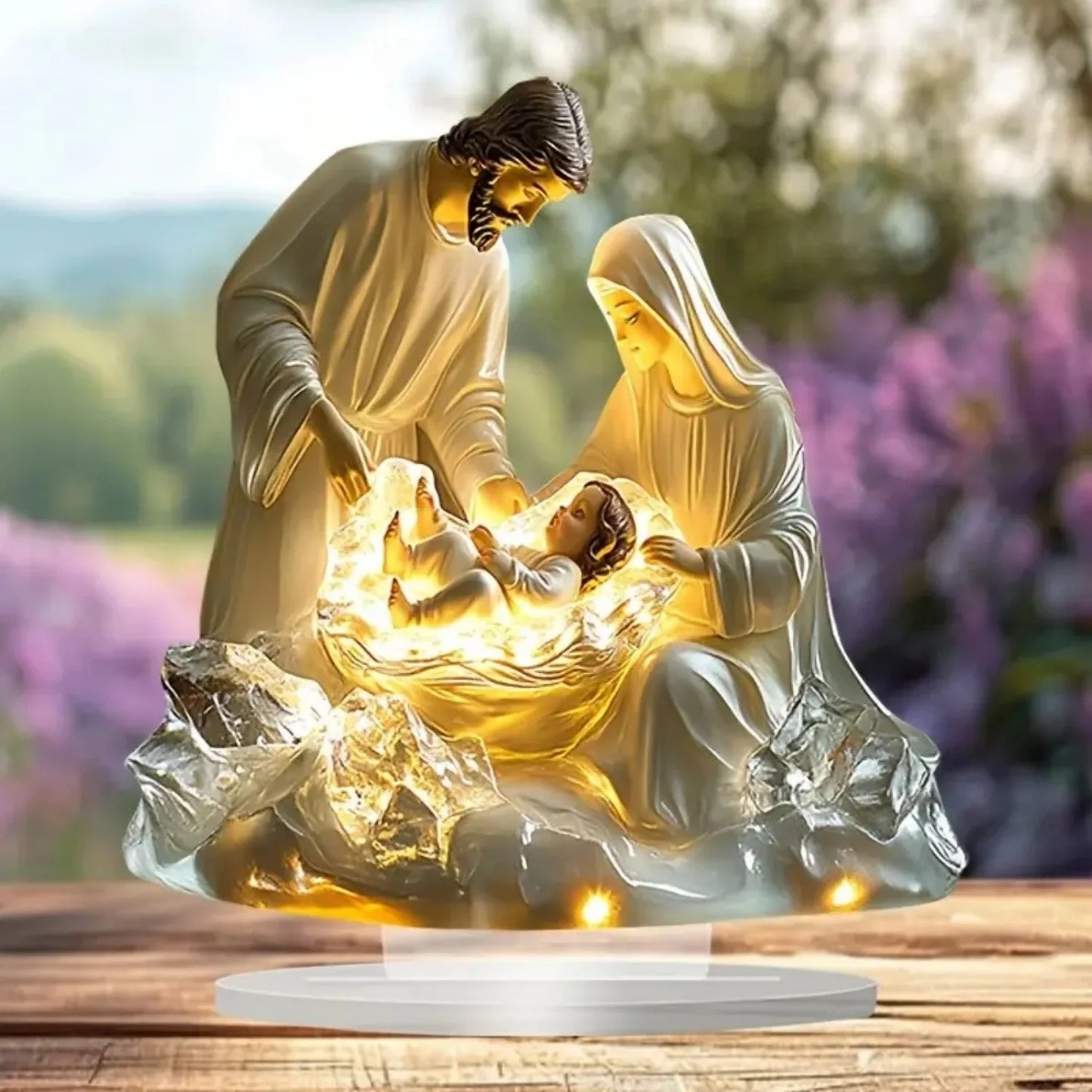 Decorative nativity scene with glowing baby Jesus, Mary, and Joseph on a wooden surface with blurred floral background.