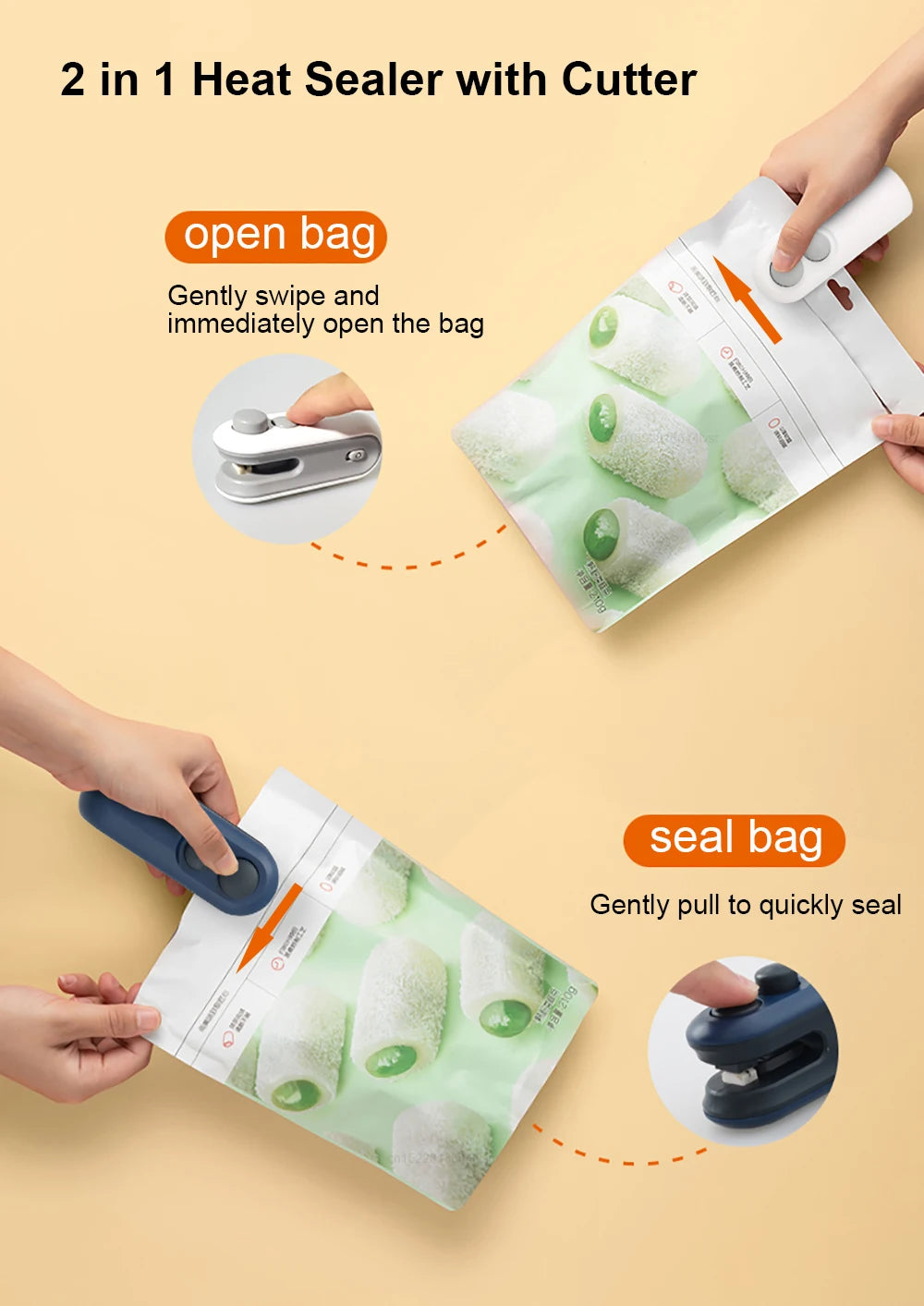 Freshleen Mini Bag Sealer sealing a chip bag, compact and portable design.