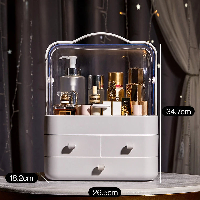 Eco-friendly dust-proof makeup organizer filled with various cosmetics on a desk.