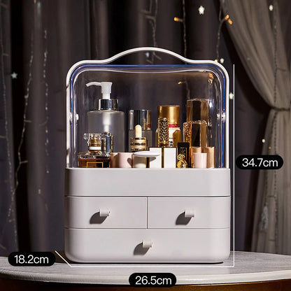 Eco-friendly dust-proof makeup organizer filled with various cosmetics on a desk.