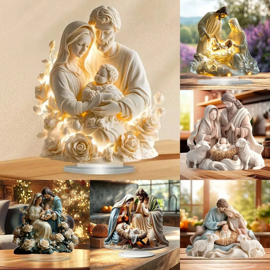 Collage of religious figurines with lighting effects on a wooden surface.