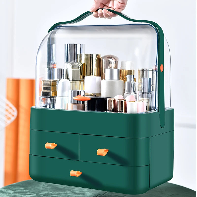 Eco-friendly dust-proof makeup organizer filled with various cosmetics on a desk.