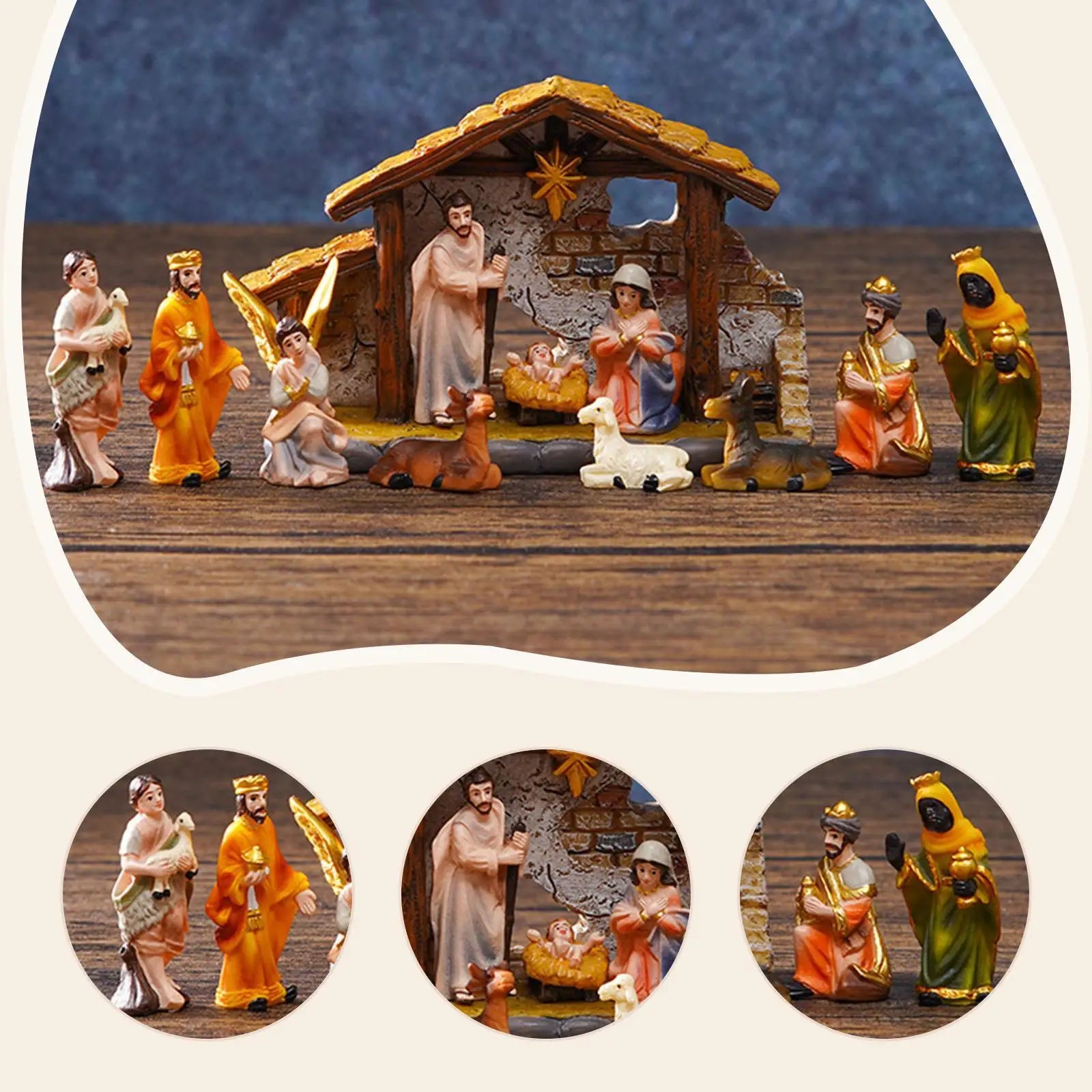 Handmade Christmas Nativity Scene Set featuring Holy Family statues and figurines.