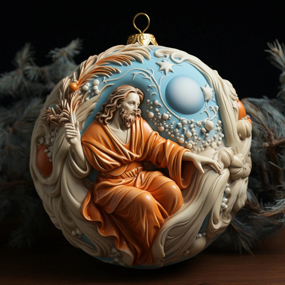 Best Easter Nativity Ornament and Jesus Christ Car Pendant hanging on a tree branch.