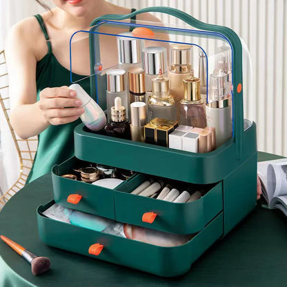 Eco-friendly dust-proof makeup organizer filled with various cosmetics on a desk.
