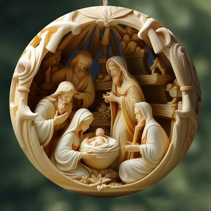 Best Easter Nativity Ornament and Jesus Christ Car Pendant hanging on a tree branch.