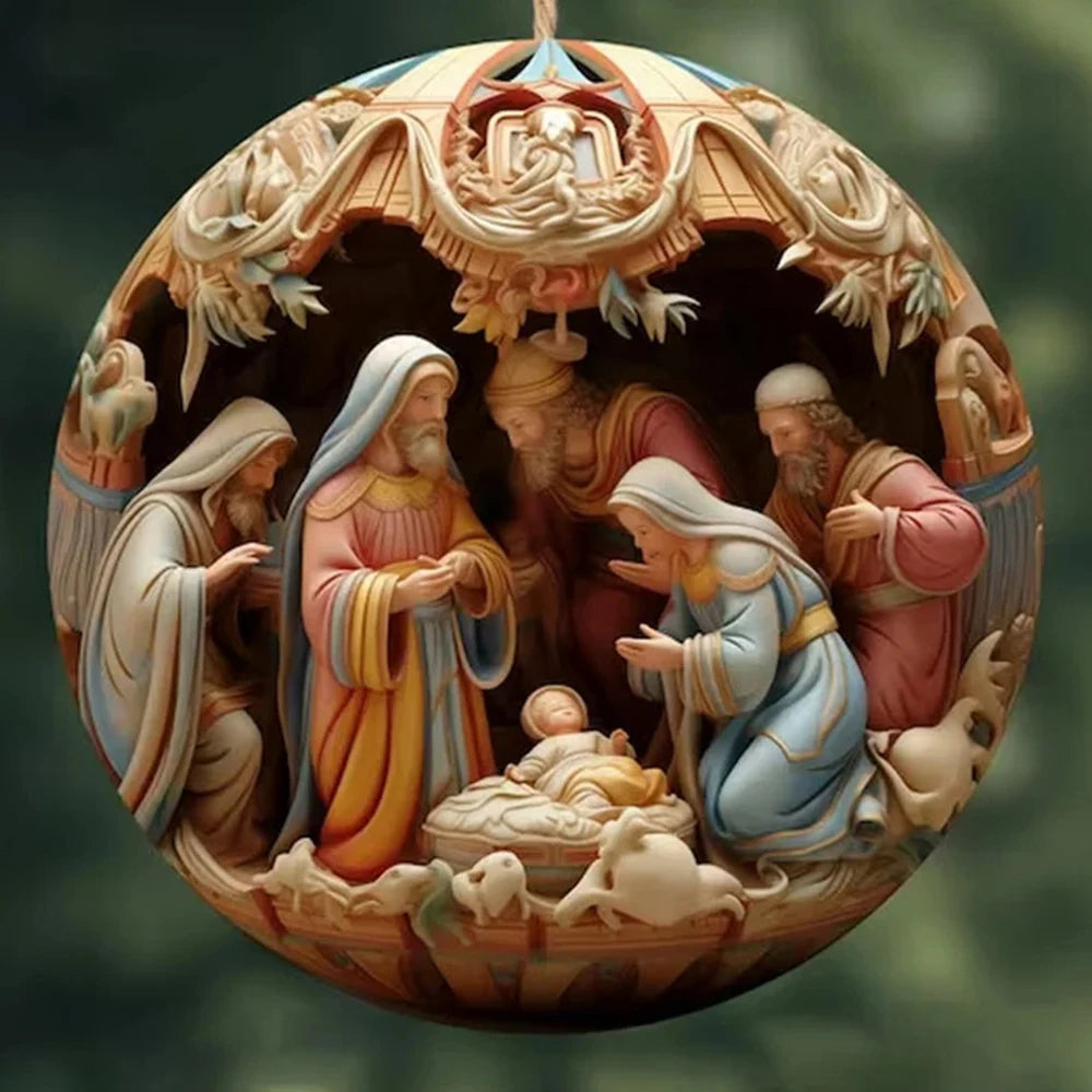 Best Easter Nativity Ornament and Jesus Christ Car Pendant hanging on a tree branch.