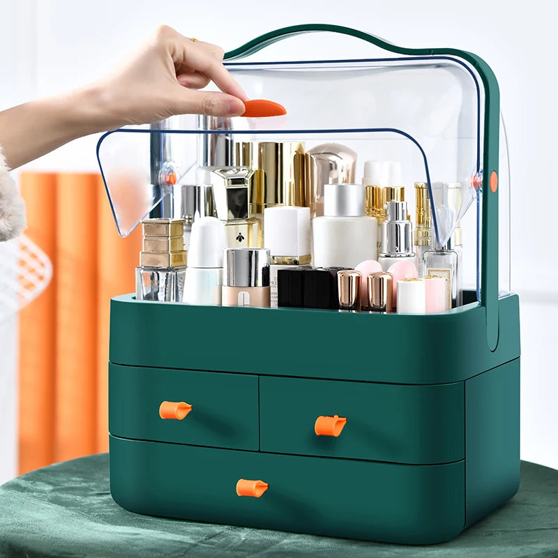 Eco-friendly dust-proof makeup organizer filled with various cosmetics on a desk.