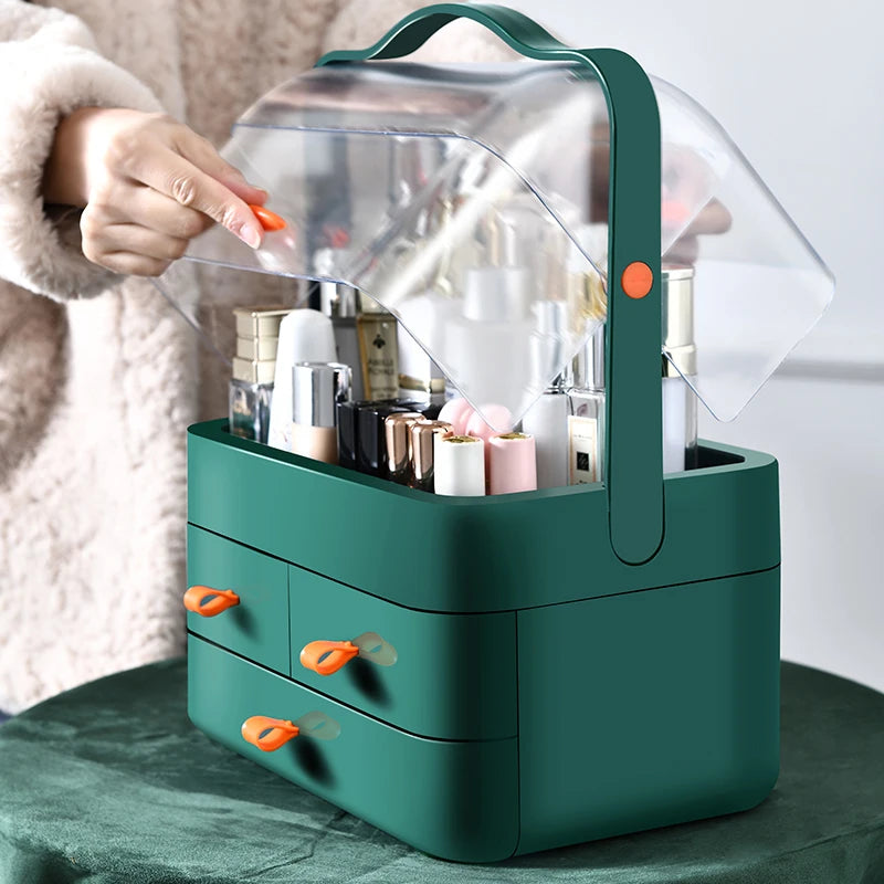 Eco-friendly dust-proof makeup organizer filled with various cosmetics on a desk.