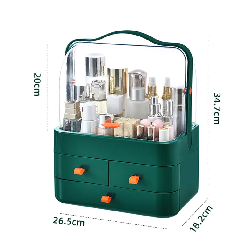 Eco-friendly dust-proof makeup organizer filled with various cosmetics on a desk.