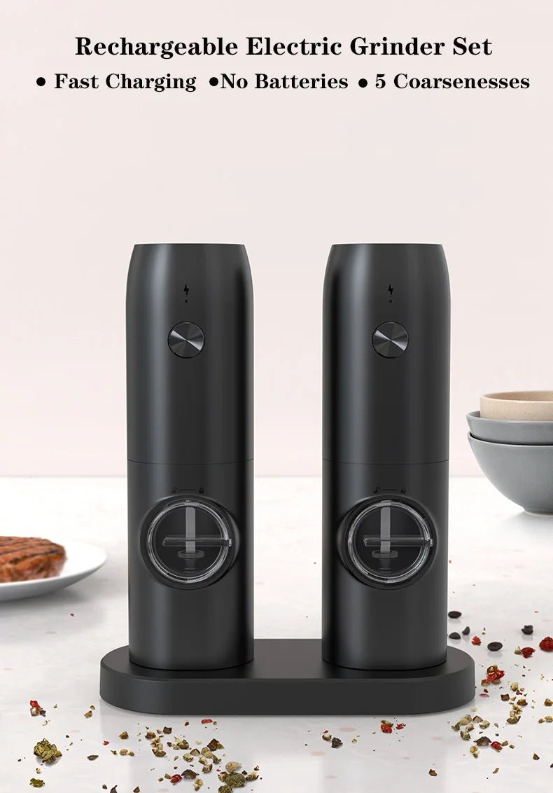 Electric Salt and Pepper Grinder Set with Charging Base and LED Light Adjustable Coarseness Automatic Spice Herb Mill - Freshleen