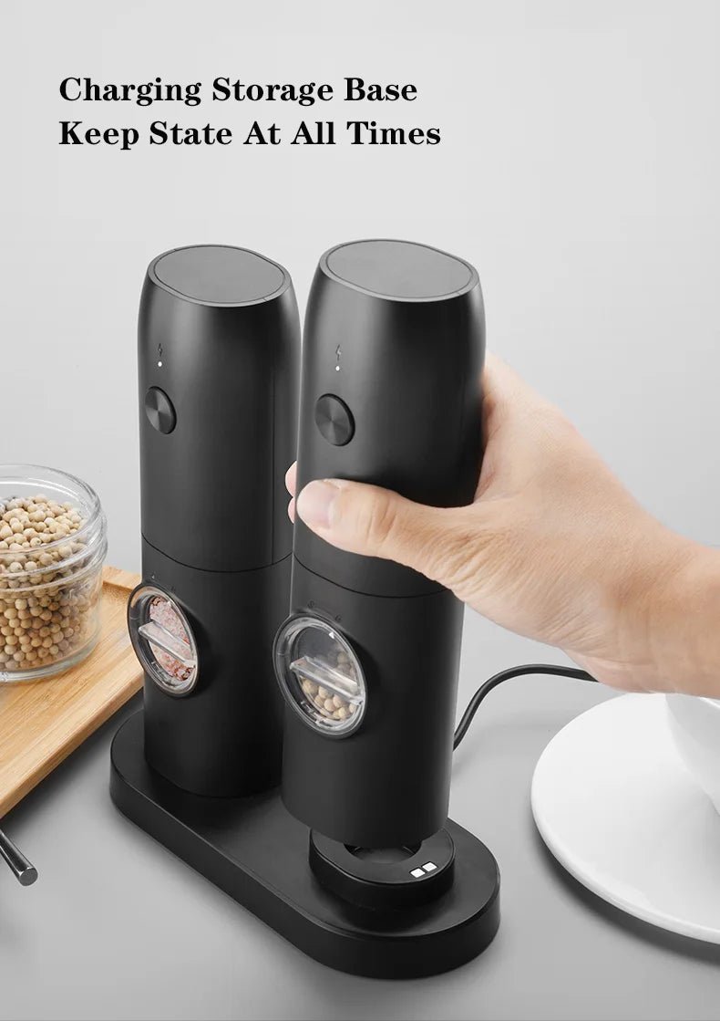 Electric Salt and Pepper Grinder Set with Charging Base and LED Light Adjustable Coarseness Automatic Spice Herb Mill - Freshleen