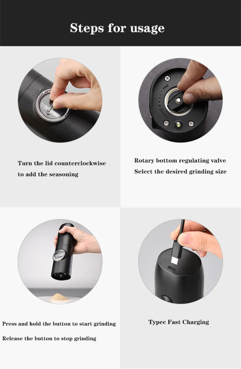 Electric Salt and Pepper Grinder Set with Charging Base and LED Light Adjustable Coarseness Automatic Spice Herb Mill - Freshleen