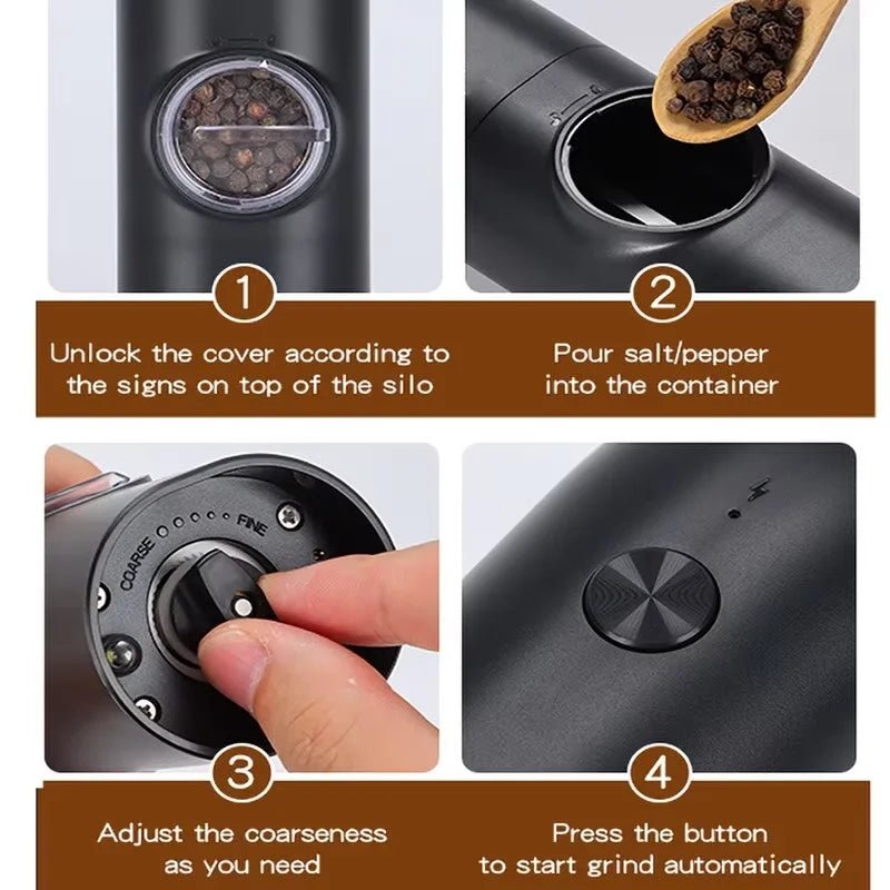 Electric Salt and Pepper Grinder Set with Charging Base and LED Light Adjustable Coarseness Automatic Spice Herb Mill - Freshleen