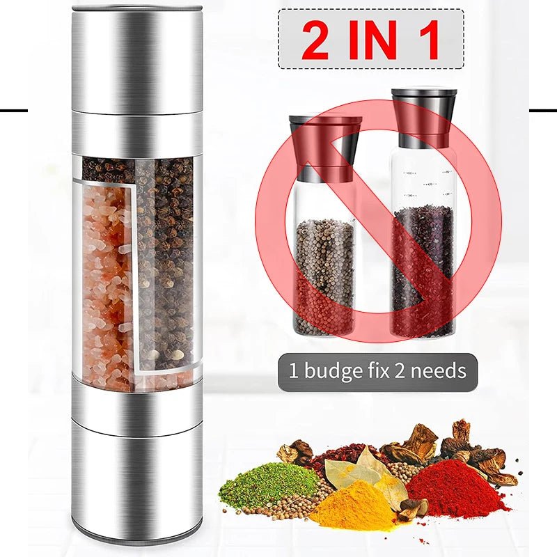 Salt and Pepper Grinder 2 in 1 Manual Stainless Steel Salt Pepper Mills with Adjustable Ceramic Grinding Spice Mill Kitchen Tool - Freshleen